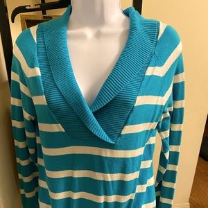 Blue and white long sleeve sweater from target with a deep V-neck.